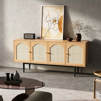 Natural Modern Wood Woven 4-Door Accent Cabinet Cabinets Living and Home 