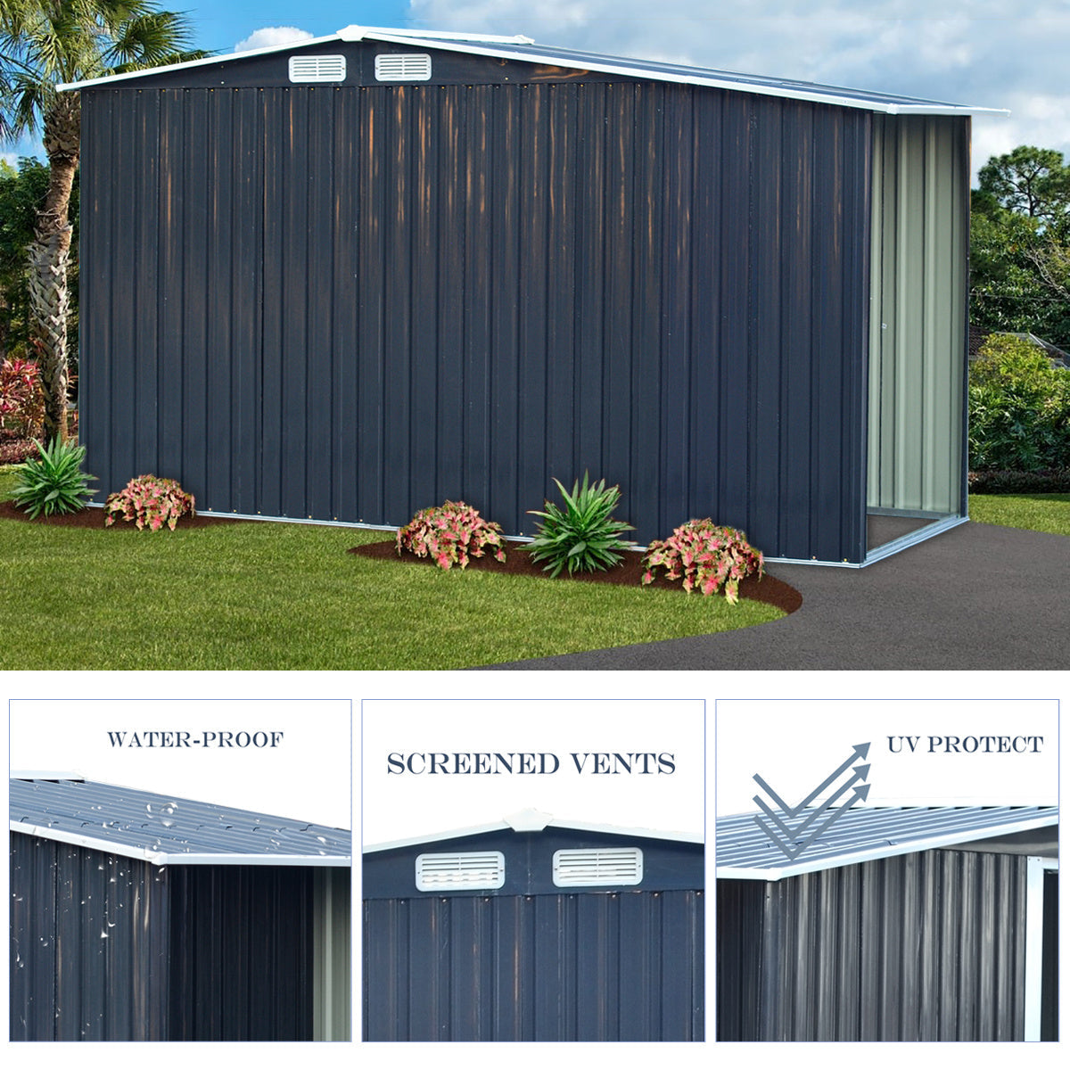 Garden Steel Shed Gable Roof Top with Firewood Storage Garden storage Garden Sanctuary