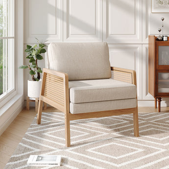 Linen Upholstered Woven Rattan Armchair with Seat Cushion