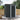 Lockable black metal storage shed with front door and sloped roof