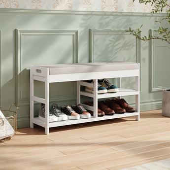 91.5cm W  2-Tier White/Natural Wooden Shoe Storage Bench