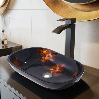 Oval Bathroom Art Tempered Glass Sink Bathroom Sinks Living and Home Black/Orange 