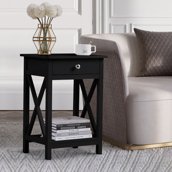 Black Wooden One Drawer Bedside Table Nightstand with Storage Shelf