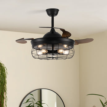 Industrial-Style Round Wire Caged Ceiling Fans Reversible Blades with Lights and Remote