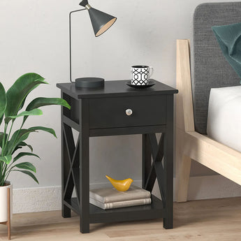 Black Wooden One Drawer Bedside Table Nightstand with Storage Shelf