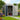 Metal garden storage shed with open double doors and lawn equipment inside