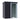 Black metal storage shed with open doorway and lockable door, vertical panel walls