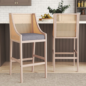 Wooden Rattan Bar Stools with Backrest Set of 2