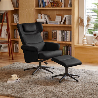 Black/Brown Swivel Recliner Armchair in PU Leather with Footstool