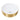 Round gold ceramic vessel sink with white interior and drain cover