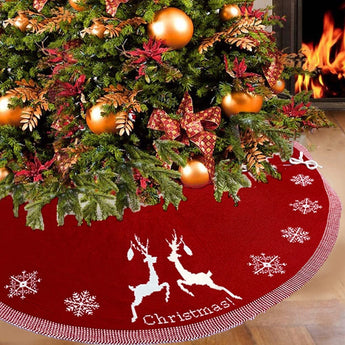 Rustic Red Knitted Double-Sided Christmas Tree Skirt with Snowflake and Reindeer Decor Living and Home 