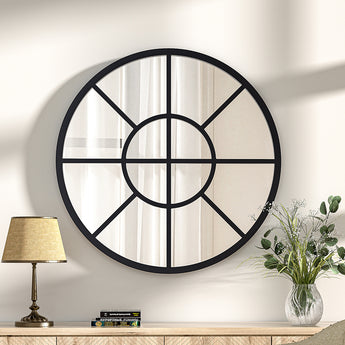 60/70cm D Round Metal Windowpane Wall Mirror, Black