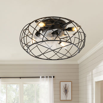 Black Industrial Style Caged Ceiling Fan with LED Light and Remote Control