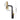 Black kitchen faucet with gold column, tall arched spout, and pull-out spray head