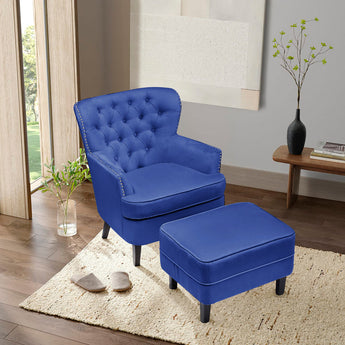 Blue Velvet Armchair and Ottoman Set