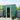 Dark green metal storage shed with open front double doors and two roof vents