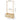 Freestanding wooden garment rack with size diagram and wheeled storage base