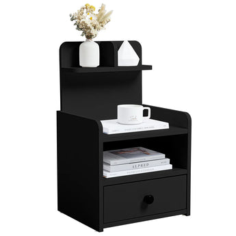 Black Wooden One Drawer Bedside Table Nightstand with a Shelf