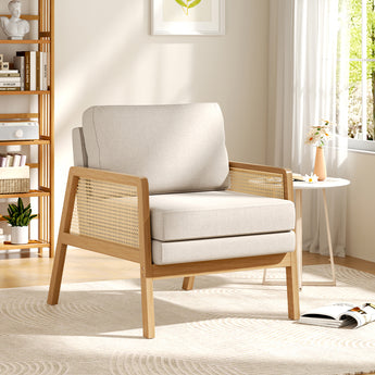 Linen Upholstered Woven Rattan Armchair with Seat Cushion