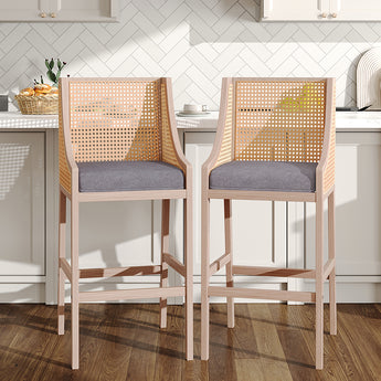 Wooden Rattan Bar Stools with Backrest Set of 2