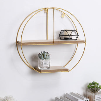 Elegant Round 2-Tier Wall Shelf with Golden Iron Rings �����������������������������������������������