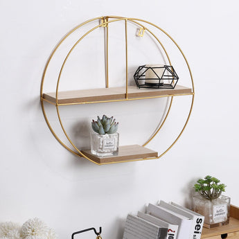 Elegant Round 2-Tier Wall Shelf with Golden Iron Rings �����������������������������������������������