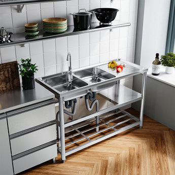 Steel Two Compartment Sinks with Shelves and Drainboard Living and Home 