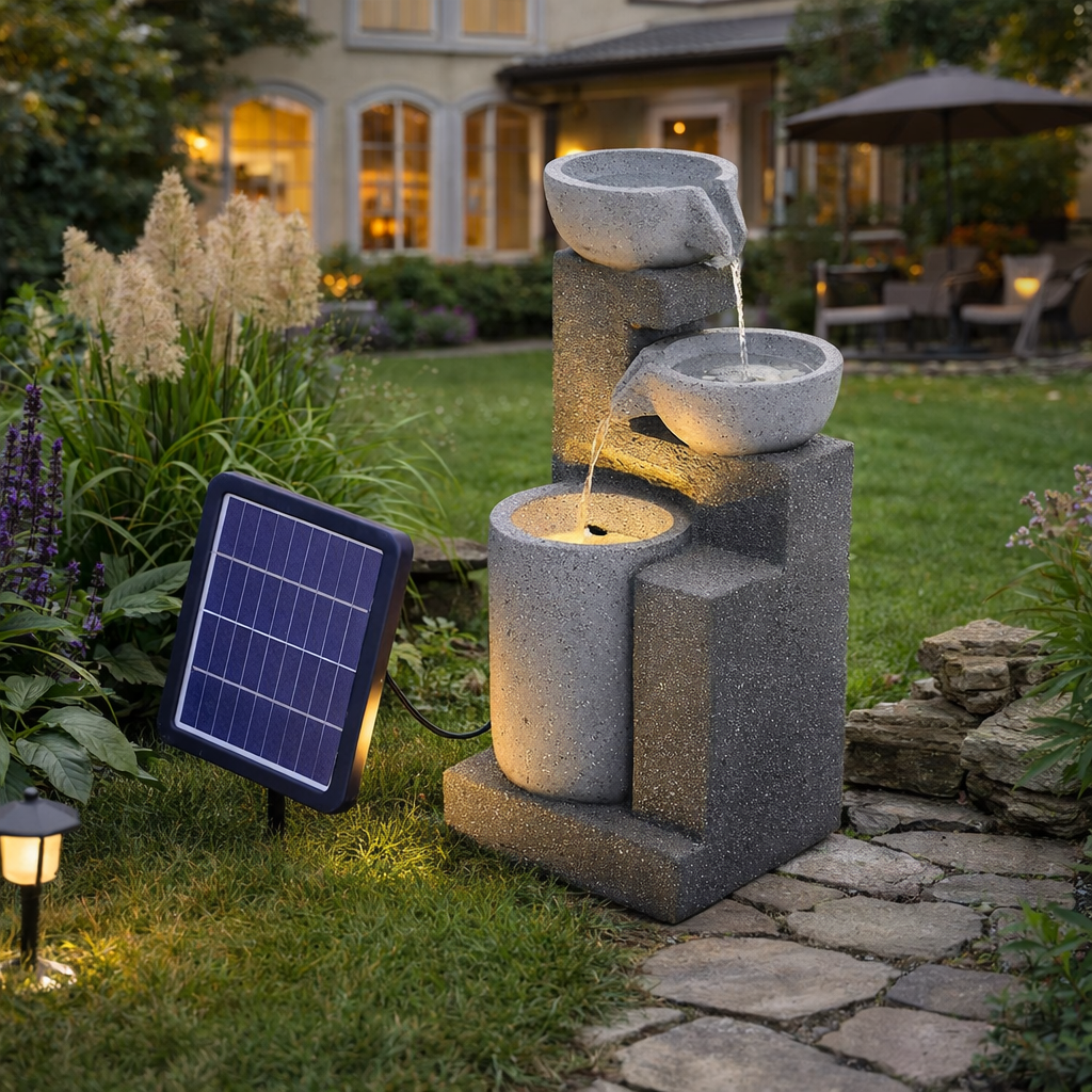 Solar Powered Garden Water Feature Waterfall Fountain Rockery Decor