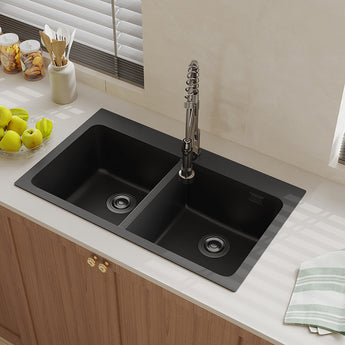 Black/Grey Quartz Undermount Kitchen Sink Double Bowl