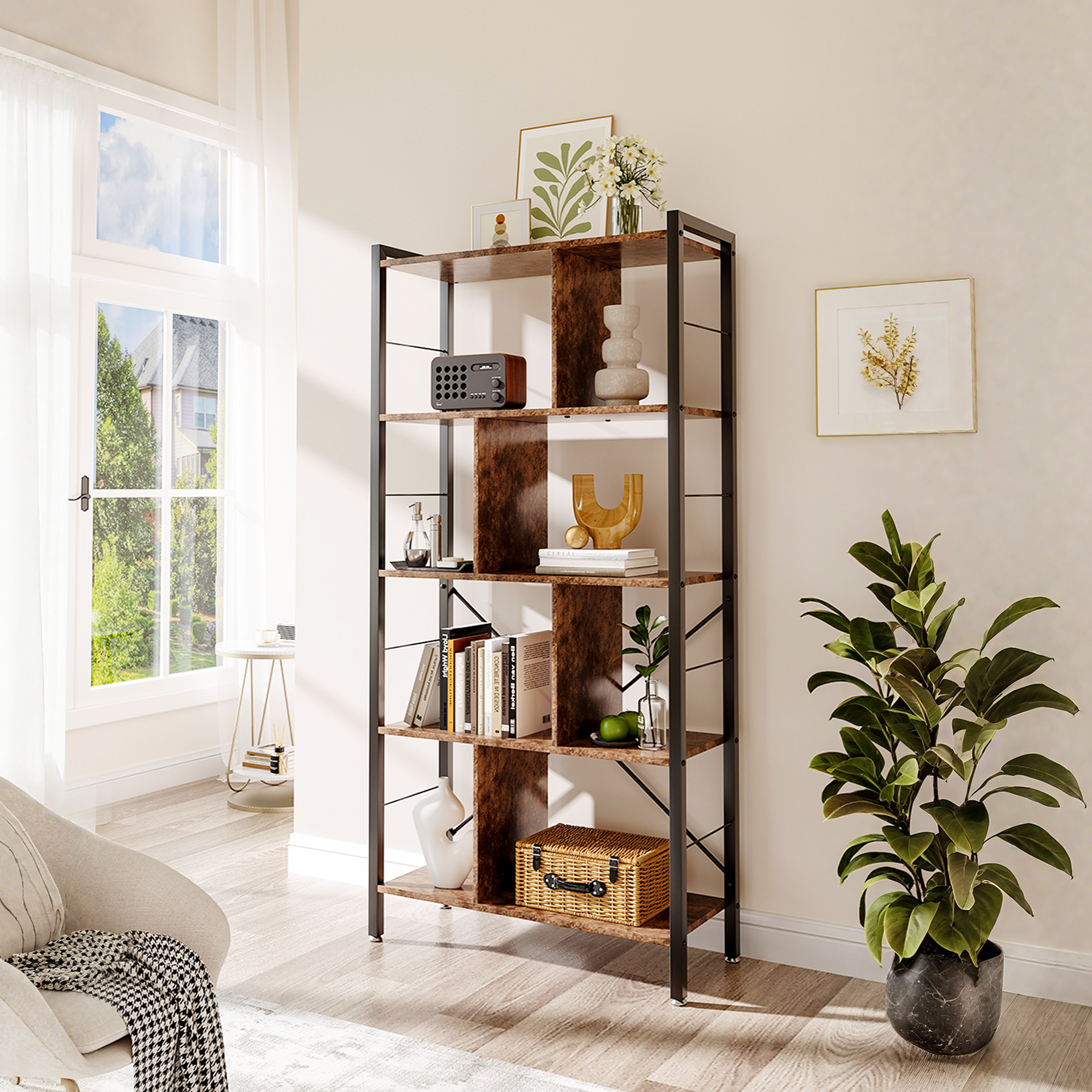 5 Tier Metal Framed Bookcase Open Bookshelf
