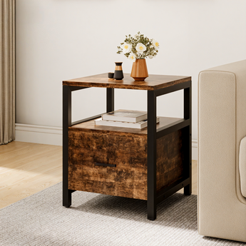 Brown Metal-Framed Wooden One Drawer Bedside Table Nightstand with Drawer