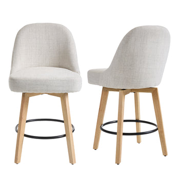 Set of 2 Swivel Bar Stools with Wooden Legs and Round Footrest