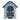 Blue plastic dog house front opening with metal mesh door and latch hardware