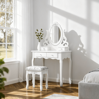 Bedroom Makeup Vanity Set with Built-in Oval Mirror, White