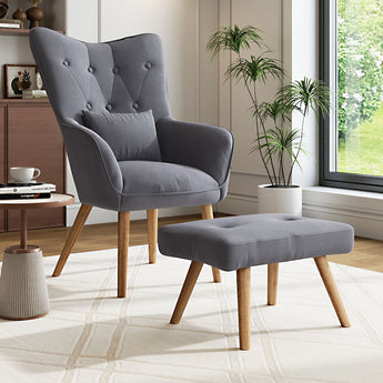 Frosted Velvet Upholstered Armchair with Footstool and Pillow