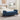 Dark blue chenille storage bench with tufted ends and hinged lift-top