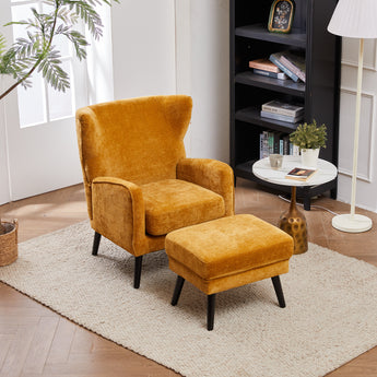 Yellow Chenille Upholstered Armchair with Footstool