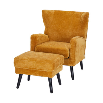 Yellow Chenille Upholstered Armchair with Footstool
