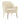 Light beige armchair with cushioned seat, curved back, and shiny gold-plated legs