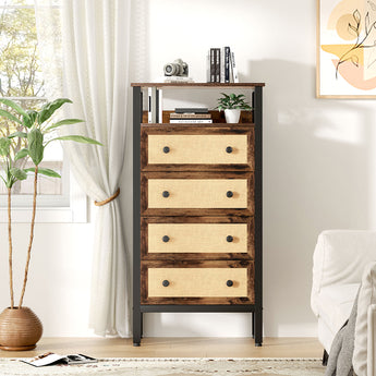 4-Drawer Rustic Rattan Storage Cabinet with Shelf