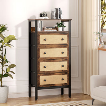 4-Drawer Rustic Rattan Storage Cabinet with Shelf