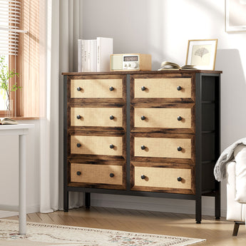 120cm W 8-Drawer Rustic Rattan Storage Cabinet