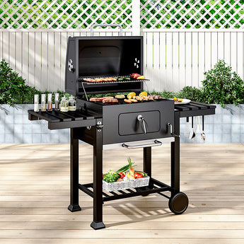 Portable Charcoal BBQ Grill with Double Side Tables, Outdoor Cooking