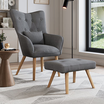 Classic linen armchair with oak wood legs, cushion and footstool