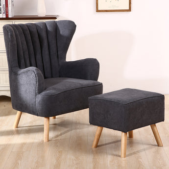 Dark Grey Cashmere Upholstered Wingback Armchair with Footrest