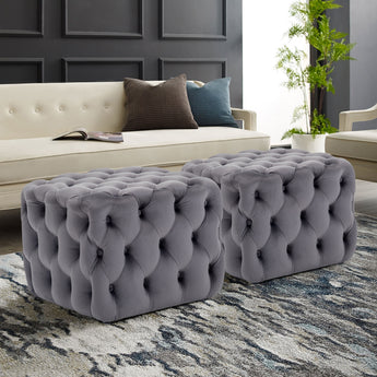 Grey Velvet Upholstered Square Ottoman Footstool