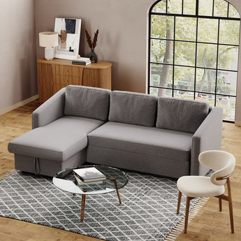 Linen Upholstered L Shape 3-Seater Corner Sofa Bed with Storage