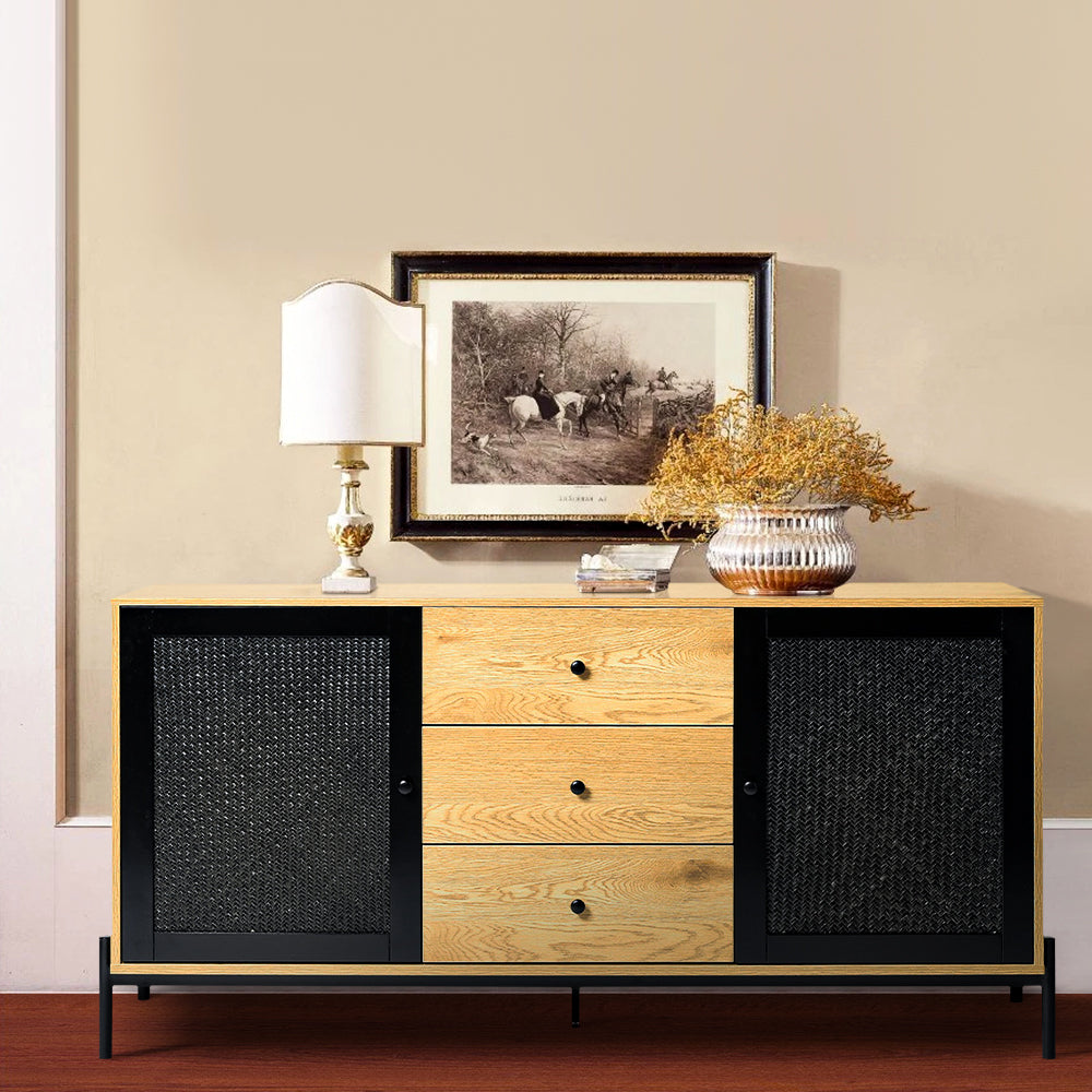 155CM Wide Rattan Wooden Storage Cabinet 2 Cupboard Doors 3 Drawers