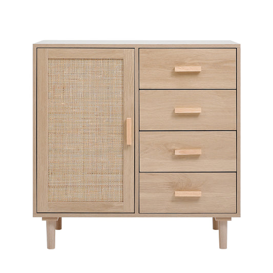 Wooden Rattan Sideboard with 1 Storage Cabinet and 4 Drawers