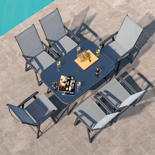 Garden Rectangular Tempered Glass Table and Rattan Chairs Garden Dining Sets   95cm H x 66cm W x 59cm D Table with 6 Chairs 